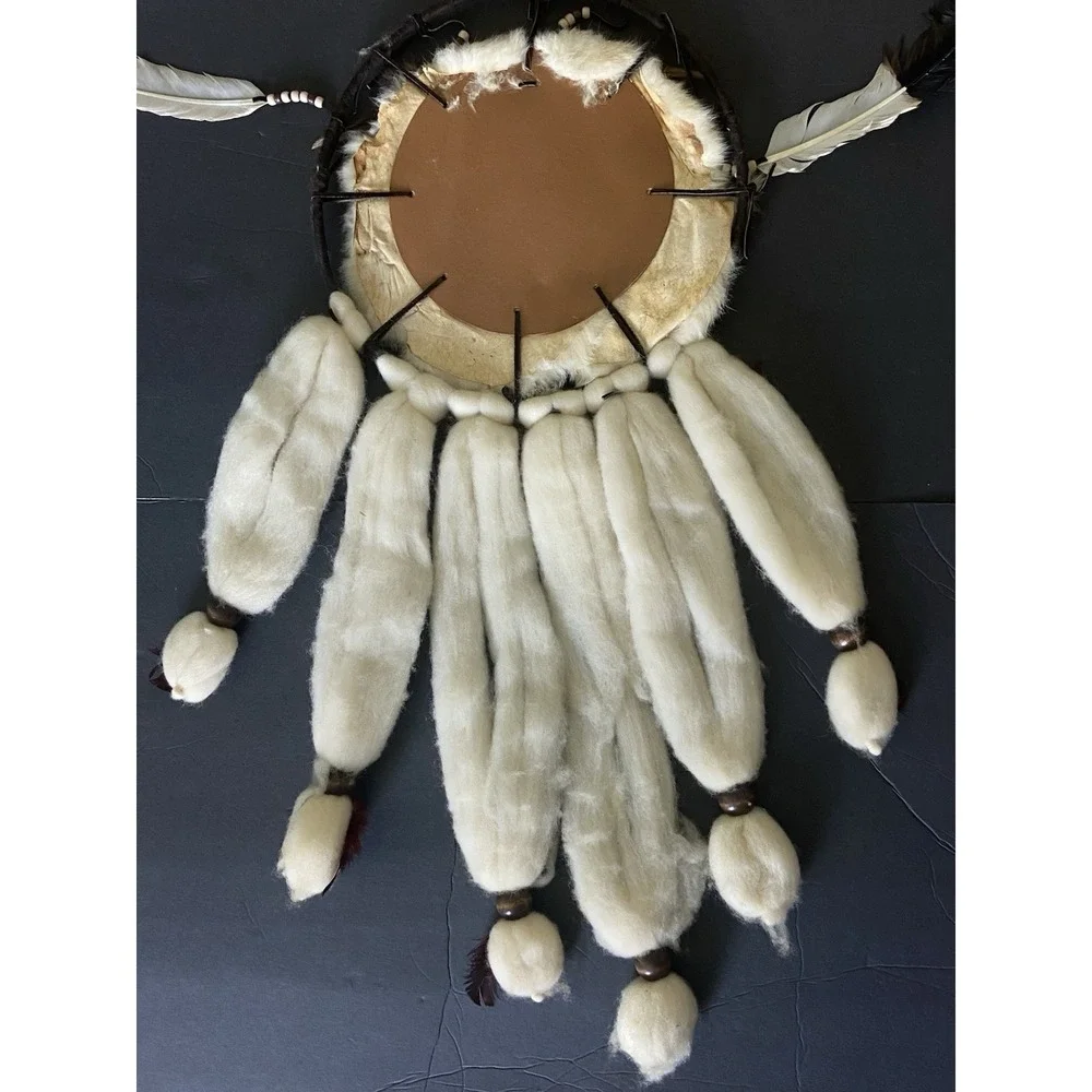Vintage handmade Native American Dream Catcher Authentic Fur Hide Feathers